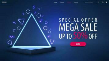 Special offer, mega sale, blue discount banner with offer and empty triangular podium with neon triangular frame on background vector