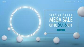 Special offer, mega sale, blue discount banner with offer and white neon rings. vector