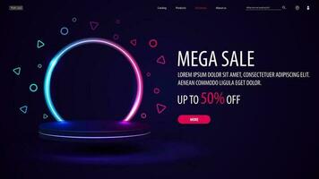 Mega sale, dark discount banner with offer and empty 3d podium with line gradient neon ring on background vector