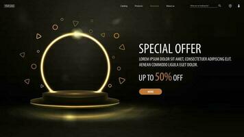 Black discount web banner with offer and gold podium with yellow neon ring on background vector