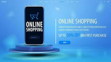 Online shopping, blue web banner with smartphone on blue podium and interface elements vector