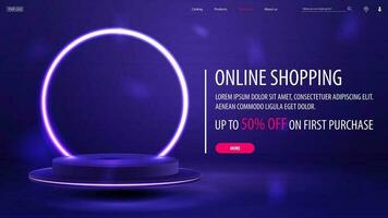 Online shopping, web banner with empty blue podium floating in the air with white neon ring on background. vector