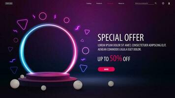 Special offer, discount banner with empty podium floating in the air with line gradient neon ring on background. vector