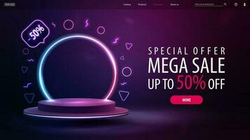 Special offer, mega sale, discount web banner with offer and empty podium floating in the air with line gradient neon ring on background. vector