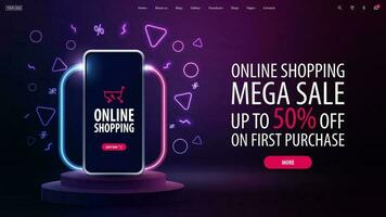 Online shopping, mega sale, purple web banner with offer and smartphone on podium with line gradient neon square frame with rounded corners. vector