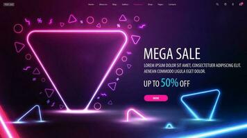 Mega sale, dark discount banner with offer and neon pink frame on dark scene with neon blue and pink triangles around vector