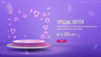 Special offer, violet discount banner with blank 3d cylinder pedestal podium and interface elements vector