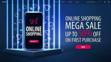 Online shopping, mega sale, blue discount banner with offer and smartphone on triangular podium with neon line wall on background vector