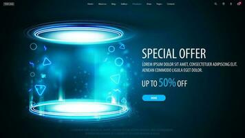 Special offer, blue discount banner with empty digital hologram of podium in cylindrical shape with particles and shiny rings in dark room vector