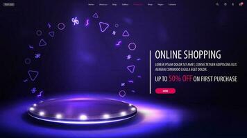 Online shopping, purple discount banner with offer and purple podium vector