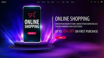 Online shopping, purple discount banner with offer and smartphone on podium with spotlights on background vector