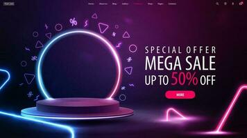 Special offer, mega sale, discount web banner with offer and empty podium floating in the air with line gradient neon ring on background and neon blue and pink triangles around vector