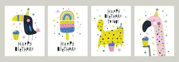 Happy birthday cards set with animals. Vector illustrations