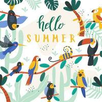 Card with tropical birds, palm leaves. Hello Summer card. Vector illustrations