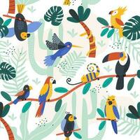 Summer seamless pattern with tropical birds, palm leaves . Vector illustrations