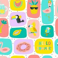 Summer seamless pattern with palm leaves, flamingo, toucan. Vector illustrations