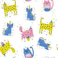 Birthday seamless pattern with cats, Vector illustration