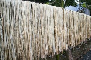 Close-up shot of raw jute fiber hanging under the sunlight for drying. Brown jute fiber texture photo