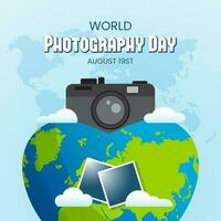 World Photography Day August 19th banner with globe camera and photo illustration vector
