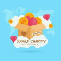 World Charity Day September 5th banner with box coins and hearth shape balloons illustration vector