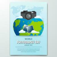 World Photography Day August 19th with globe camera and photo illustration poster design vector