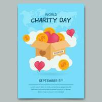 World Charity Day September 5th poster design with box coins and hearth shape balloons illustration vector