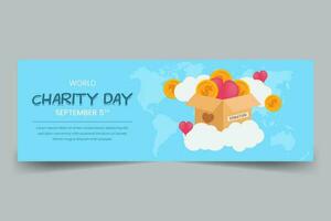 World Charity Day September 5th horizontal banner with box coins and hearth shape balloons illustration vector