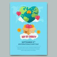 caridad día septiembre 5to póster diseño con tierra globo hogar formas y moneda ilustración vector