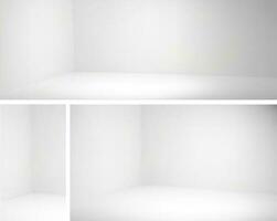 Empty wall in white corner room 3d interior set. Panorama studio space inside in perspective view in house. Concrete angle mockup for stories presentation template. Grey clean vertical office scene. vector