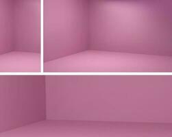 Vector pink corner room in abstract studio 3d eps design. Empty interior space scene set with light inside. Stories angle place render and hall area modern mockup illustration. Photo shoot in house.