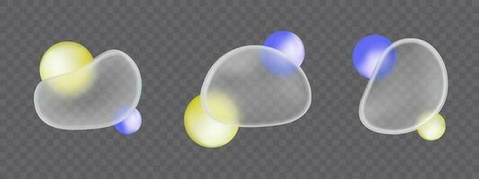 Gradient blur glass morphism 3d vector effect with blob shape. Abstract plastic glossy circle and frosted liquid blurry object mockup. Soft blue and yellow blurry color glassy plate elements.