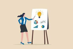 Present idea, explain solution or strategy, intelligence information, business insight for new opportunity, optimization concept, businesswoman presenting new lightbulb idea with graph and chart. vector