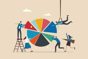 Employee participation, partnership or collaboration to success, teamwork or team effort for business development, statistic or analytics concept, business people colleagues help building pie chart. vector