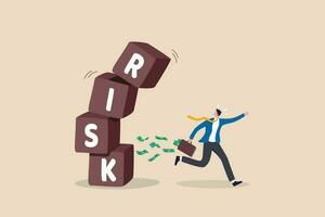 Risk averse, avoid or minimize risk, run away from uncertainty, fear or safety decision for investment, prefer security or stability concept, businessman investor run away from risk collapsing box. vector