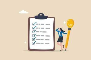 Survey or feedback opinion, checklist of completion or questionnaire form, evaluation or assessment review, checkbox clipboard concept, businesswoman complete survey with lightbulb pencil. vector