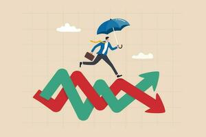 Survive and thrive in stock market volatility investment, risk management or overcome market fluctuation, uncertainty or financial challenge concept, businessman with umbrella run on volatile graph. vector