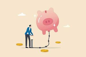 Saving or investment growth, money or financial deposit, wealth building, revenue increase or income, earning or profit, rich and prosperity concept, businessman inflate piggy bank to be bigger. vector