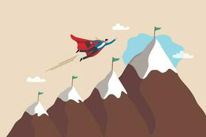 Challenge to achieve success milestone, goal or business target, winning mission or career development, growth or progress journey, aspiration concept, businessman super hero fly to mountain summit. vector
