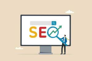 seo buscar motor mejoramiento, sitio web buscar resultado, publicidad o márketing a aumentar web clasificación o usuario descubrimiento concepto, empresario sostener aumentador vaso en seo creciente flecha buscar caja. vector