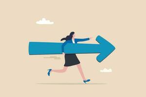 Move forward for success future, business direction, determination or courage, career path or way to success, opportunity or mission concept, confidence businesswoman running with arrow direction. vector