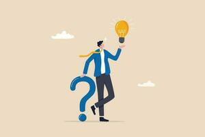 Question and answer, q and a or solution to solve problem, FAQ frequently asked question, help or creative thinking idea concept, smart businessman holding question mark sign and lightbulb solution. vector