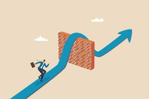 Overcome obstacle, solving business problem, win over business barrier or difficulty, challenge or solution for career path, effort or decision concept, businessman run on road cross over brick wall. vector