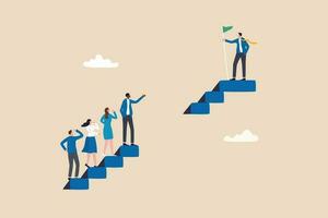 Skill gap, employee difficulty or difference knowledge, competence or career problem, talent obstacle or opportunity challenge concept, business people climb up stair to find sill gap to reach goal. vector