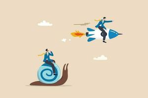 Boost fast speed to win business competition, high performance employee, competitive advantage winner, innovation or skill to success concept, businessman winner riding rocket, another on slow snail. vector
