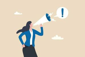 Attention announcement, important message or communicate broadcasting, loudspeaker or exclamation point loud voice concept, confidence businesswoman talking on megaphone with exclamation attention. vector