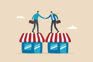 B2B, business to business sale agreement, enterprise commerce, contractor or supplier trade between company concept, businessman owner handshake on enterprise shop for B2B agreement. vector