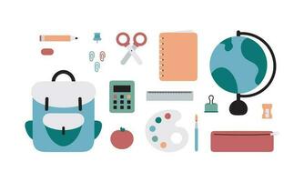 Big set with school supplies. School bag, globe, notebook, pencil, ruler, eraser, scissors, calculator, clip, brush, palette, paper clips, apple, sharpener. Vector illustration on a white background.