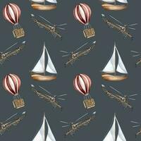 Sailing ship, air balloon, airplane watercolor seamless pattern isolated on dark. Boat, aircraft, vessel, aerostat hand drawn. Print for boy, wrapping, textile, vintage style wallpaper, background vector