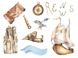 conjunto de navegación barco, rocas Clásico estilo acuarela ilustración. pájaro, mapa, bote, agua ola, Brújula mano dibujado. infantil diseño, elemento para Niños imprimir, mar aventuras recopilación. png