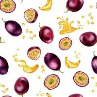 Tropical fruits and juice splash watercolor seamless pattern isolated on white. Piece and whole of maracuya hand drawn. Design for packaging, wrapping, textile, background, paper, tableware vector